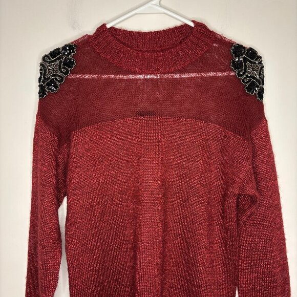 SELECTION NEW Mock Neck Sweater Womens M Red Metallic Knit Applique Beads Sheer - Picture 5 of 7